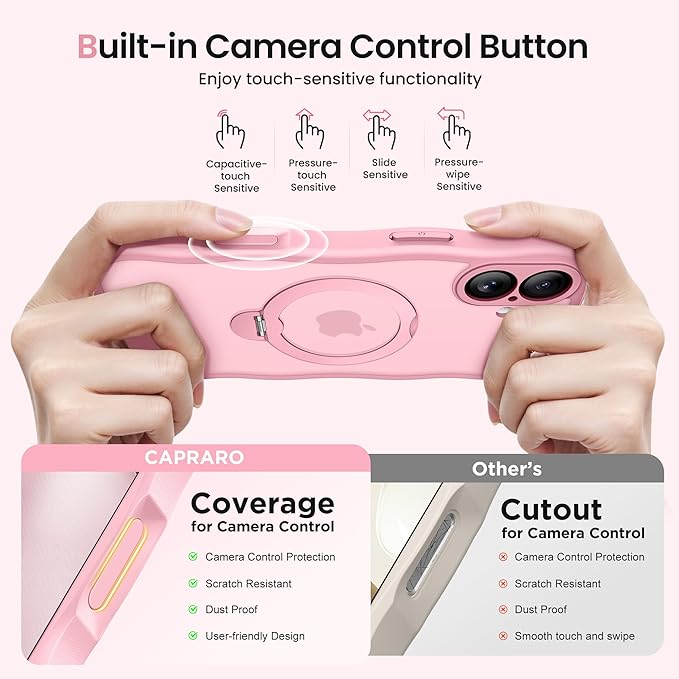 CAPRARO for iPhone 16 Case with 360° Spin Magnetic Stand for Women, [Compatible with MagSafe] [Full Camera Protection] Cute Wave Translucent Matte Case for iPhone 16, Peach Pink