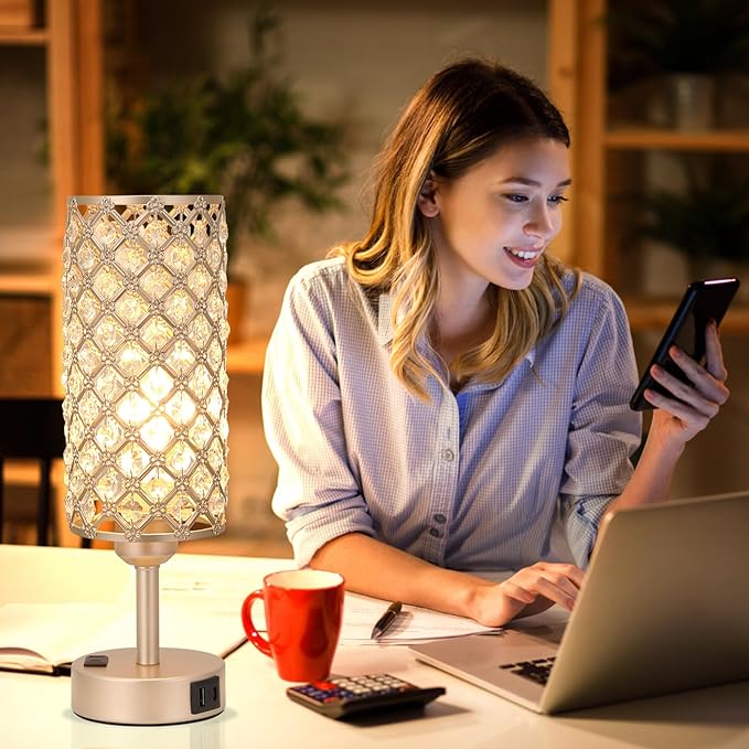 Hong-in Touch Table Lamps for Bedrooms Set of 2-3 Way Dimmable Champagne Gold Crystal Lamps with Crystal Shade, Bedside Nightstand Lamp for Living Room Bedroom Home Office