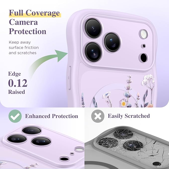 GVIEWIN for iPhone 17 Pro Max Case Compatible with MagSafe [Curly Wave Edge][Full Camera Protection] Floral Translucent Shockproof Magnetic Women Phone Case for 17 Pro Max, Floratopia/Purple