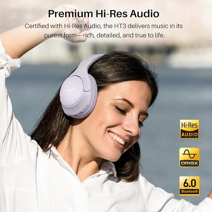TOZO HT3 Hybrid Noise Cancelling Headphones, 90H Battery Life Wireless Over Ear Bluetooth 6.0 Foldable Headset, AI Voice Assistant with 5 Mics, Connect 2 Devices and Hi-Res Sound, 32 EQ Audio Presets
