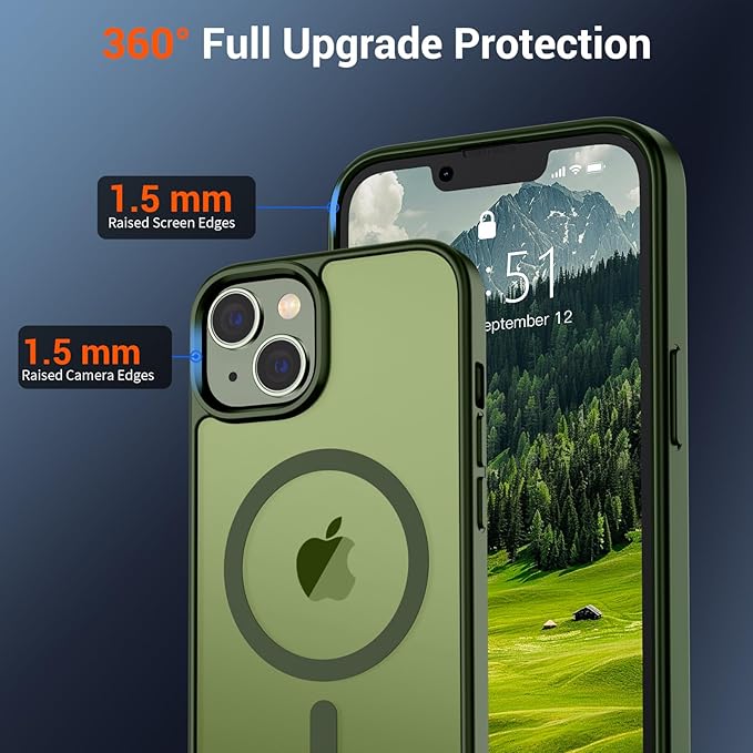 SUPFINE Magnetic for iPhone 14 Case & iPhone 13 Case (Compatible with MagSafe)(Military Grade Drop Protection) Translucent Matte Shockproof Phone Cover,Cangling Green