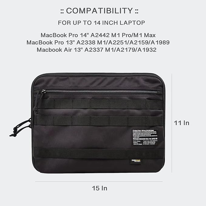 Rough Enough 14 Inch Laptop Case Sleeve Tactical Laptop Bag Briefcase with Tablet Compartment and Accessories Pockets Molle Strap, Water Resistant, Black Cordura