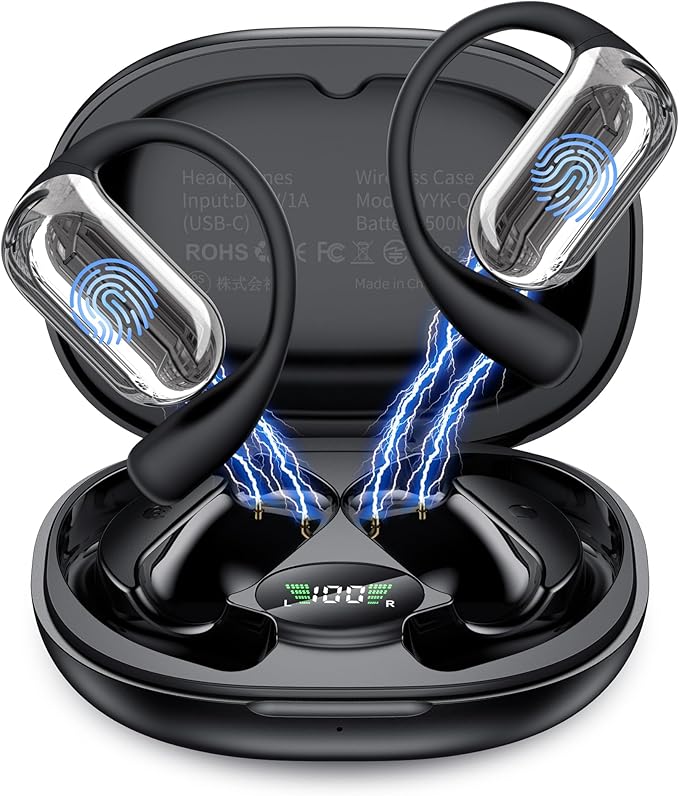 EUQQ Open Ear Headphones 80H Playtime- 2026 Bluetooth 5.4 Ear Earbuds Wireless with ENC Mic Noise Canceling,Lightweight Comfort,IPX7 Sweat Resistant,Adjustable Ear Hooks for Sports Running,Workout