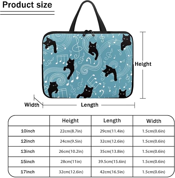 17 Inch Laptop Sleeve, Music Note Black Cats Laptop Cover Computer Bag Tablet Carrying Case with Handle, Durable Tote Bags Notebook Case Handbag Briefcase Shoulder Bag for Business/School