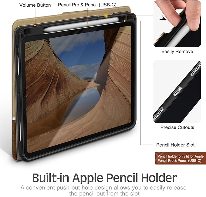 KingBlanc Case for iPad Pro 11 inch (M5 2025/M4 2024) with Pencil Holder, Vegan Leather Smart Stand Cover, Auto Sleep Wake, Support Pencil Pro/(USB-C), Viewing/Typing Angle, Durable Protection, Beige