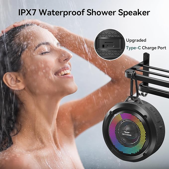 Bluetooth Shower Speaker, Soundace S6 IPX7 Waterproof Portable Speaker with Suction Cup, Hook, Lights,Stocking Stuffers, Premium Mini Outdoor Wireless Speake Ideal Gift for Christmas (Black)
