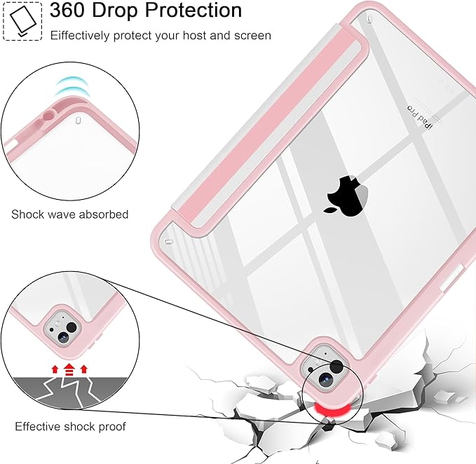 May Chen Case for iPad Pro 11-Inch M5/M4 2025/2024 (6th/5th Generation), [Penceil Holder] Trifold Stand Auto Wake/Sleep Clear TPU Protection Back Cover, Pink Stripes