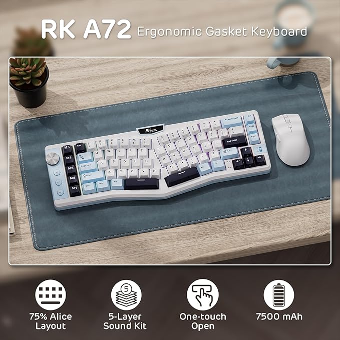 RK ROYAL KLUDGE A72 Alice Ergonomic Wireless Mechanical Keyboard w/Knob/Macro Keys/Touchable Nameplate, Tri-Mode 68% 72-Key Gasket Keyboard BT/2.4G/USB-C, Hot Swap, Win/Mac Software, 7500mAh Battery