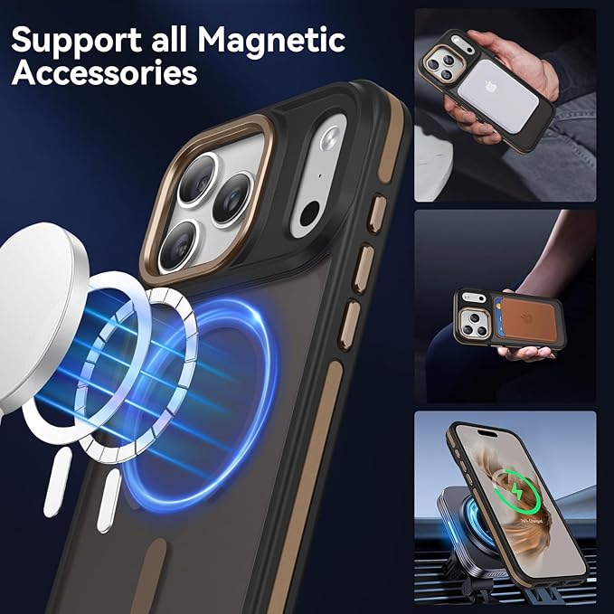 YINLAI Case for iPhone 17 Pro Max, Magnetic [Compatible with Magsafe] Supports Wireless Charging Slim Translucent Matte Women Men Shockproof Protective Back Phone Cover 6.9 Inch, Black/Desert Titanium