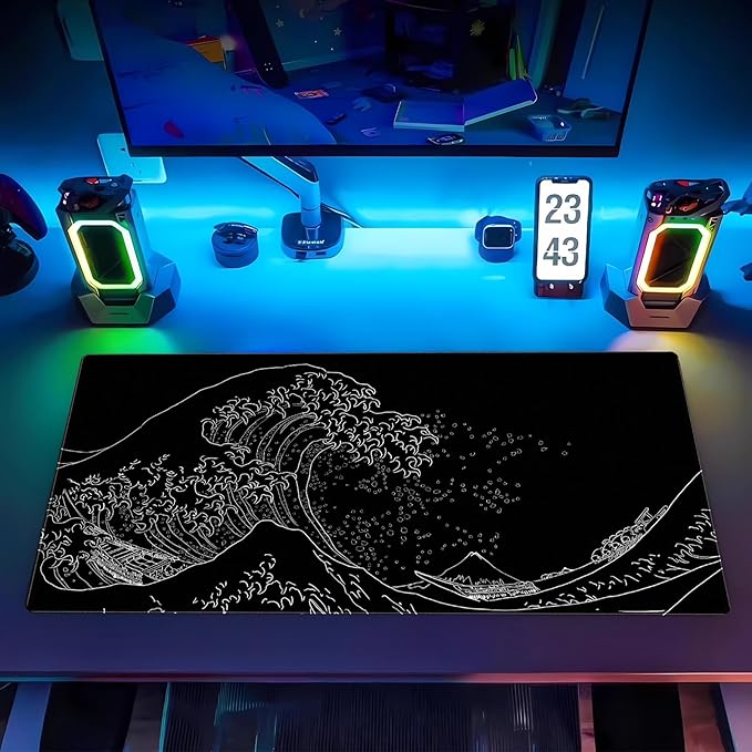 Japanese Great Wave Off Kanagawa Gaming Mouse Pad - XL Extended Ukiyo-e Art Desk Mat, Non-Slip Waterproof Rubber Base & Stitched Edges, 31.5 x 15.7 Inch Large Computer Mousepad