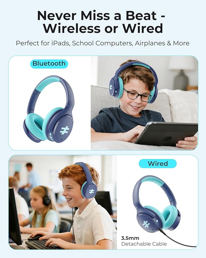 seenda Active Noise Cancelling Headphones for Kids, HEO-303 Bluetooth 5.4 60H Playtime Type C Fast Charging, 74/85/94 dB Safe Volume Limit Headset with Mic for Ipad, Airplane, Travel, Blue