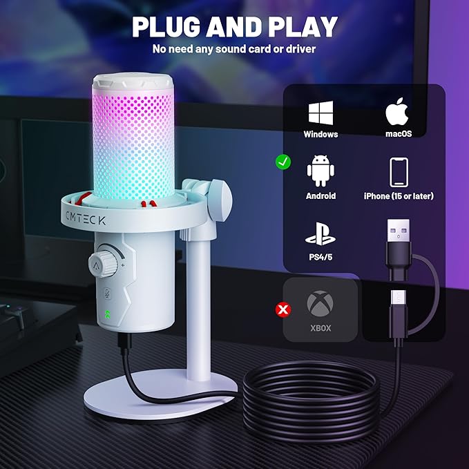 CMTECK USB Microphone for PC Gaming, Condenser Gaming Microphone with Quick Mute, RGB Indicator, Plug and Play, Desk Podcast Mic for Studio Recording, YouTube, Streaming, Compatible with PS4/5/PC