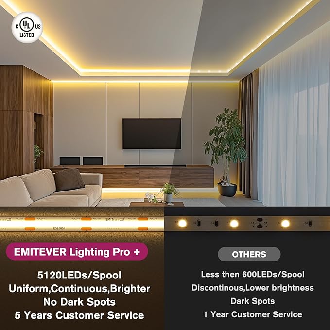 EMITEVER COB LED Strip Lights Warm White, 3000K Tape Light Premium High Density, DC 24V, 360+Lumens/ft, 5120LEDs/Spool, Ra 90+, 32.8ft/10m, UL Listed 5 Year After-Service(Power Supply Sold Separately)