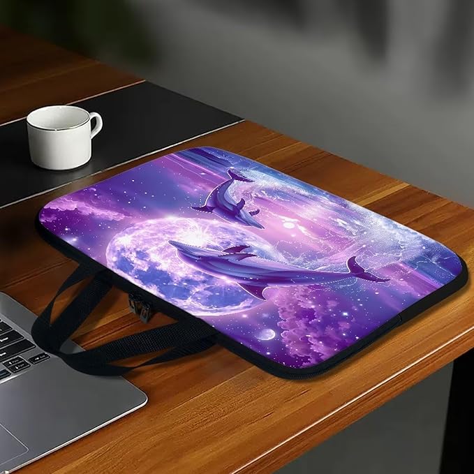 Purple Dolphin Full Moon Laptop Case 13 Inch, Waterproof Laptop Sleeve for Women Men, Portable Laptop Cover Computer Carrying Bag Cases with Handle, Fits Tablet/Notebook/Reader