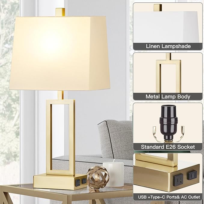 Rinweey 23.5" Touch Control Table Lamps Set of 2, Modern Gold Bedside Lamps with USB A+C Ports & AC Outlet, 3 Way Dimmable Contemporary Nightstand Lamps for Bedroom Living Room(2 LED Bulb Included)