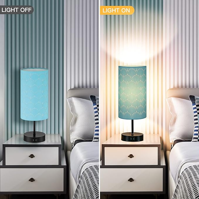 CINSARY Touch Control Bedside Lamp with 2 USB Ports, 3-Way Dimmable Table lamp for Bedroom, Nightstand Lamp with Round Blue Fabric Shade for Living Room Home Office (E26 LED Bulb Included)