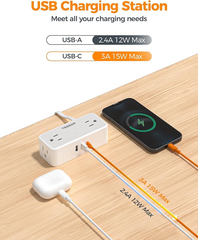TESSAN Flat Plug Extension Cord 10 FT, Surge Protector Power Strip with 4 AC Outlets 1 USB C and 2 USB A Ports, 900 Joules Protection, Multiple Wall Outlet Extender Suitable for Office Dorm, Grey