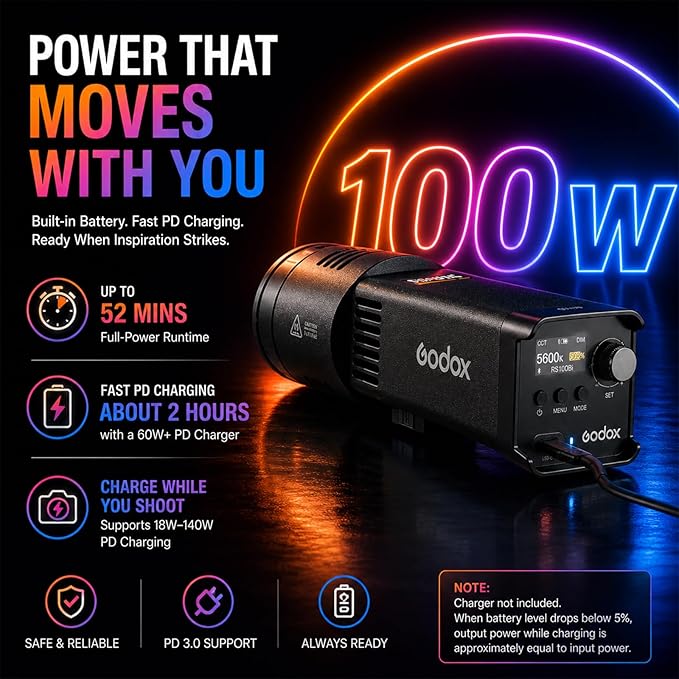 Godox RS100R 100W RGB LED Video Light, Built-in Battery COB Photography Light, 18100Lux, 1800K-10000K, 0.1% Dimming, USB-C Charging, App/DMX Control for Studio Video Streaming & Content Creation