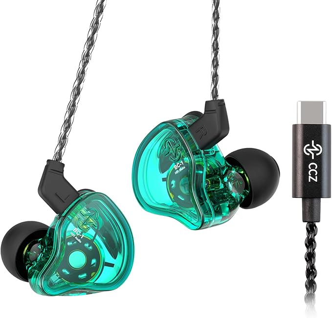 CCZ Melody USB C Headphones Wired Type-C in Ear Monitor, Professional USB C Wired Earbuds Gaming Earphones with 1BA 1DD Patent Ear fins Ear tips for Singers Musicians Stage (Green, USBC-Without Mic）