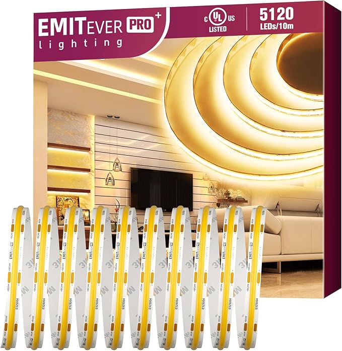 EMITEVER COB LED Strip Lights Warm White, 3000K Tape Light Premium High Density, DC 24V, 360+Lumens/ft, 5120LEDs/Spool, Ra 90+, 32.8ft/10m, UL Listed 5 Year After-Service(Power Supply Sold Separately)