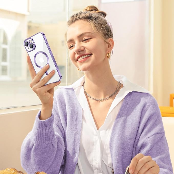 Hython Magnetic Clear for iPhone 14 Case with Camera Lens Protector [Compatible with MagSafe] Luxury Plating Edge Slim Soft TPU Cover Protective Phone Case for iPhone 14 6.1", Light Purple