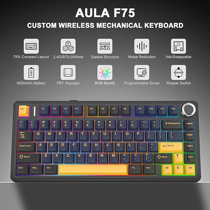 AULA F75 - 75% Wireless Mechanical Keyboard,Hot Swappable Custom Gaming Keyboard with Knob,BT5.0/2.4GHz/USB-C,RGB Backlit,Pre-lubed Reaper Switches,Double Shot PBT Keycaps,Mechanical Gaming Keyboards