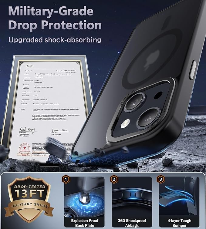 Newfuture Magnetic for iPhone 15 Case [Compatible with Magsafe] [Military Grade Drop Protection] Translucent Matte Anti-Fingerprint Shockproof Phone Case for iPhone 15 6.1 inch, Black