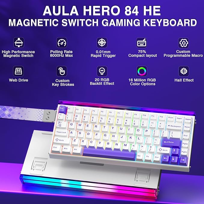 Aula Hero 84 HE - 75% Mechanical Gaming Keyboard Wired, Magnetic Switches Hot Swappable Hall Effect Keyboard, Rapid Trigger Mode 8000Hz Polling Rate, RGB Neon Light Box, Gamers Keyboards for PC/Mac