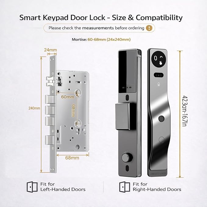 Zonixtec 3D Face Recognition Smart Lock with Camera, AI Palm Vine & Biometric Fingerprint Entry, Tuya App Remote Control, Digital Touchscreen Keypad, 6068 Mortise, Gray Aluminum Alloy