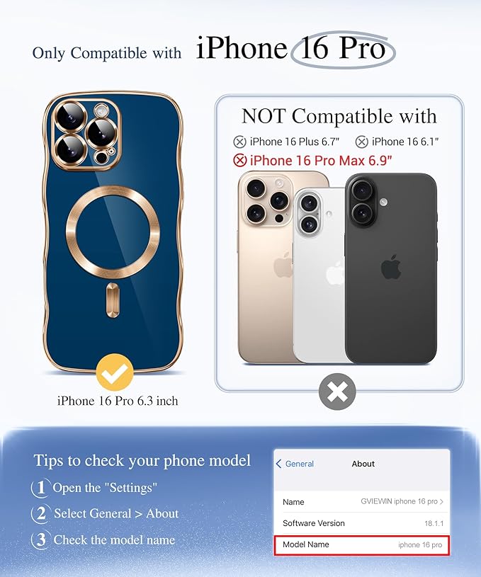 GVIEWIN for iPhone 16 Pro Case Compatible with MagSafe, Upgraded [Full Camera Protection][Cute Wave Frame][Military Grade Protection] Electroplated Soft Phone Cover for Women Girl, Blue
