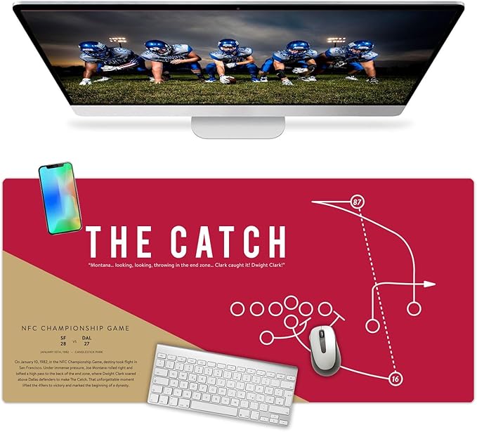 Large San Francisco Football Desk Mat 36" x 16.5" – XL Red and Gold Desk Pad Mat Featuring “The Catch” Play, Oversized Mouse Pad Protector, for Men, Teen Boys, Dad, Office