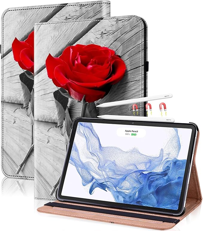 Case for iPad Air 13 inch (M4/M3/M2) 2026/2025/2024, PU Leather Stand Shockproof Cover with Pen Holder & Card Slots - One Rose