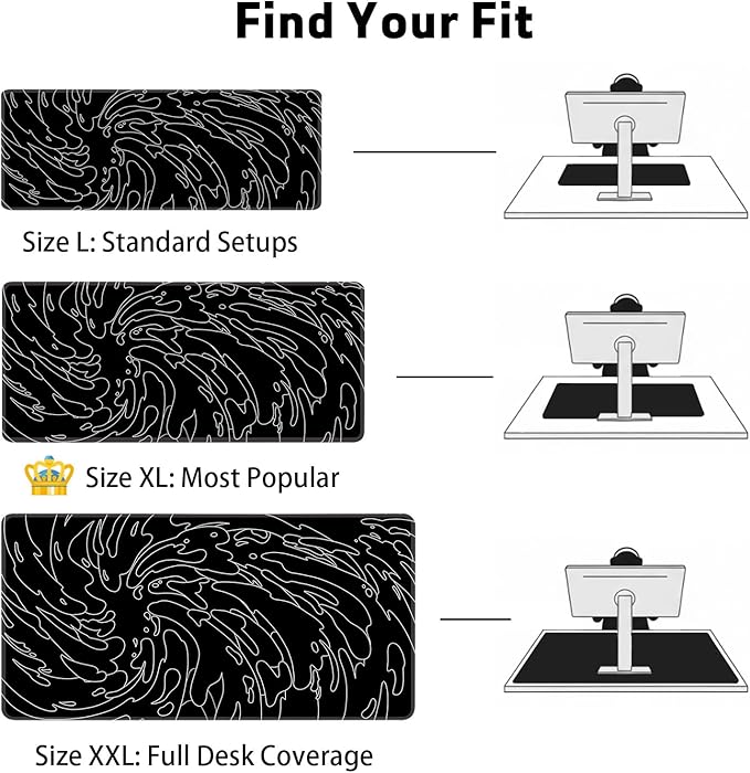 Gaming Mouse Pad L (31.5x11.8in) - Black Abstract Line Art Waves, Dark Japanese Doodle Design - Desk Mat for Gamers