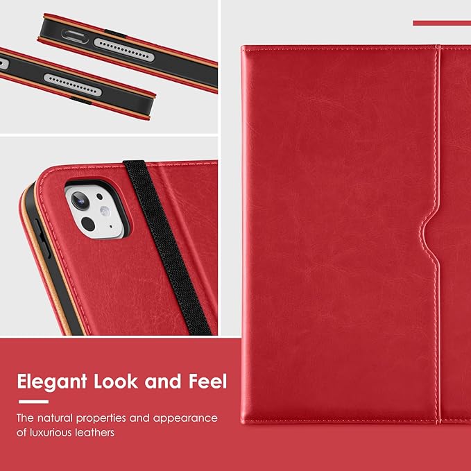 VIKESI Case for iPad Pro 13-inch M5 or M4 Released in 2025 or 2024, Leather Stand Cover with Apple Pencil Holder, Auto Wake/Sleep, Multiple Viewing Angles, Built in Hand Strap & Pocket,Red
