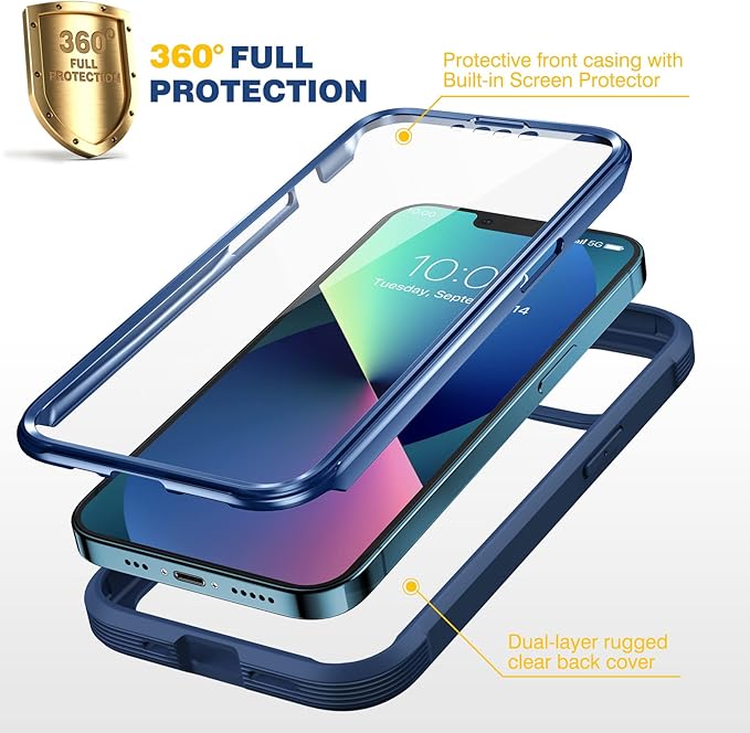 Diaclara Designed for iPhone 13 Case, Full Body Rugged with Built-in Touch Sensitive Anti-Scratch Screen Protector, Soft TPU Bumper Case for iPhone 13 6.1" (Dark Blue and Clear)