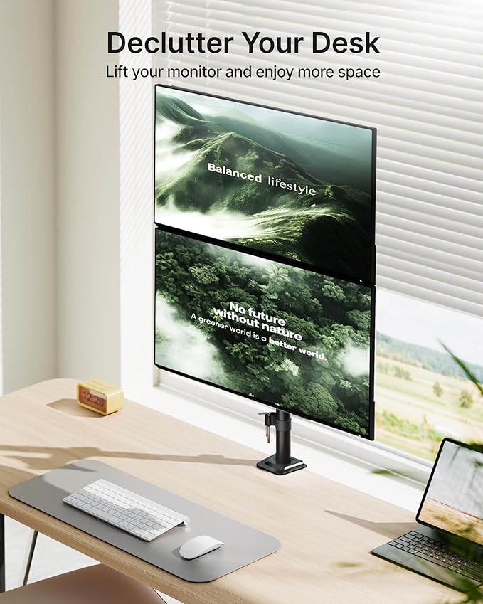 monTEK Stable Vertical Dual Monitor Mount, Stacked Desk Stand for Two 17-32 inch Screens, Full Motion Arm with Tilt, Swivel, Rotation, Supports 22 lbs per Side, C-Clamp/Grommet Base, VESA 100×100mm