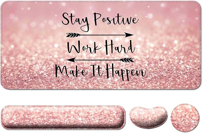 Keyboard Wrist Rest + Mouse Pad with Wrist Support + Desk Mat + Coaster 4 in 1 Set, XXL Large Gaming Mousepad Cute Ergonomic Mouse Pads for Desk Computer Laptop Office Decor-Pink Words