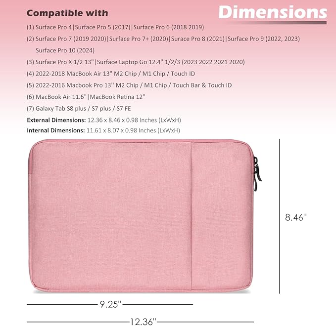 ProElife 12-Inch Laptop Tablet Sleeve Case Canvas Cover for 2022-2014 Surface Pro 4/5 / 6/7 / 7+ / 8/9|Surface Laptop Go 1/2 12.4"|MacBook Air/Pro 13'' M1|Samsung Galaxy Tab S8+/S7+ Bag (Pink)