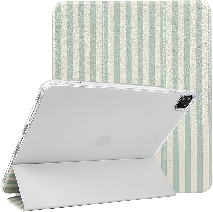 Lovmooful Compatible for iPad Pro 11-Inch,2022/2021/2020/2018 Model(4th/3rd/2nd/1st Generation) Case with Pencil Holder Cute Striped with Aesthetic Design Soft TPU Trifold Stand Protective-Green