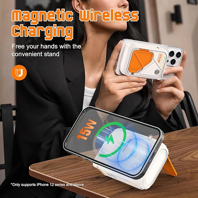 SEANCHEER P05 Portable Charger, Magnetic Power Bank, Small Wireless PowerBank, Battery Pack10000mAh Travel Essentials Fast Charging with Built in Cable, Foldable Wall Plug for iPhone,Samsung,Andriod