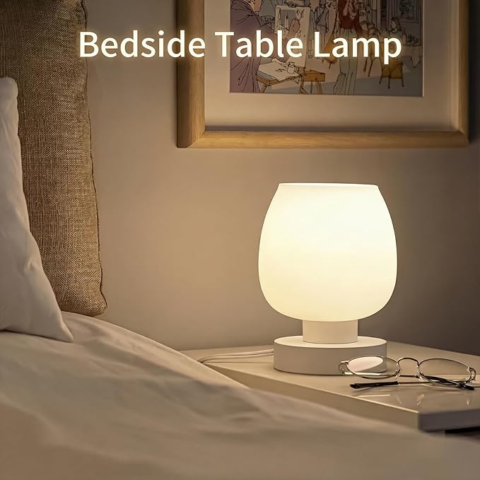 Touch Bedside Table Lamp - Small Lamp for Bedroom with USB C+A Charging Ports 3 Way Dimmable, Nightstand Desk lamp with White Opal Glass Lamp Shade Warm LED Bulb Included, Simple Design Gifts