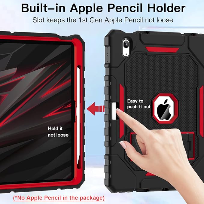 ZoneFoker Case for iPad (A16) 11th/10th Generation 11/10.9 inch 2025/2022, Heavy Duty Military Grade Shockproof Rugged Cover with Pencil Holder/Stand for i Pad 11th / 10 th Gen (Black+Red)