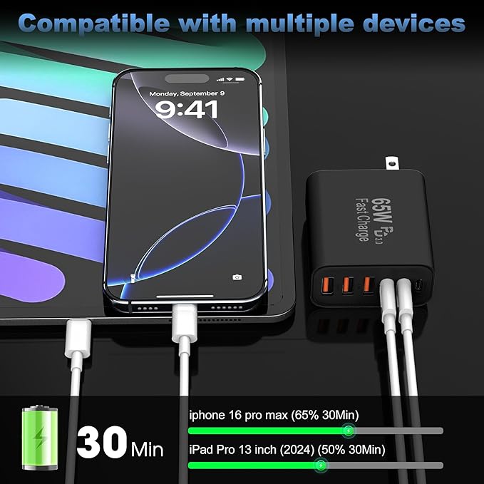 USB C Charger Block,65W 6-Port USBC Charging Block,Wall Charger iPhone Charger Fast Charging,Multiport Type C PD+QC Power Plug for All iPhone 17 16 15 iPad Samsung S23 S24 iWatch Pixel Series (Black)