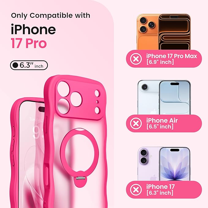 CAPRARO Magnetic for iPhone 17 Pro Case with 360° Spin Magnetic Stand for Women, [Compatible with MagSafe] [Full Camera Protection] Cute Wave Translucent Matte Case for iPhone 17 Pro, Hot Pink