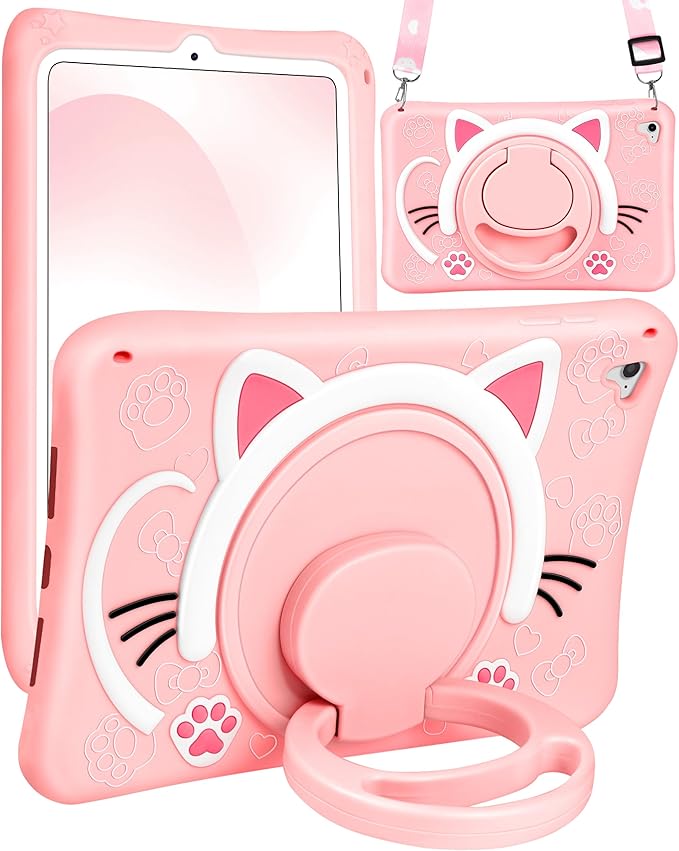 Wazzasoft for iPad 6th Generation/Air 2/ Pro 9.7 Inch Case Girls Cute Cat Kawaii Cover Girly Cartoon with Rotating Handle Stand & Strap Silicone Funda for iPad Cases 6th Gen/Air2/Pro 9.7”