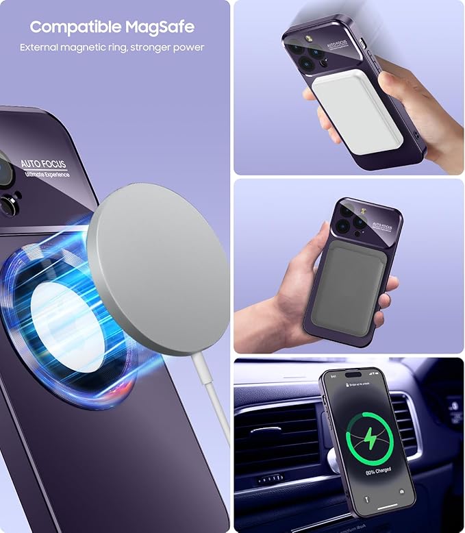 MAKAVO Magnetic for iPhone 13 Pro Max Case, Compatible with MagSafe, Built-in Camera Lens Protector, Logo View, Military Grade Drop Proof Phone Case Cover, Purple