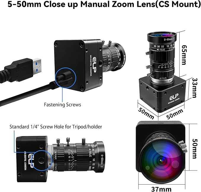 20MP USB3.0 Industrial Camera,4K UHD 3840P High Resolution,30fps High Frame Rate 5-50mm 10X Manual Varifocal Lens Lightburn Webcam,Plug and Play Free Drive for Laptop Jetson Nano, Raspberry Pi