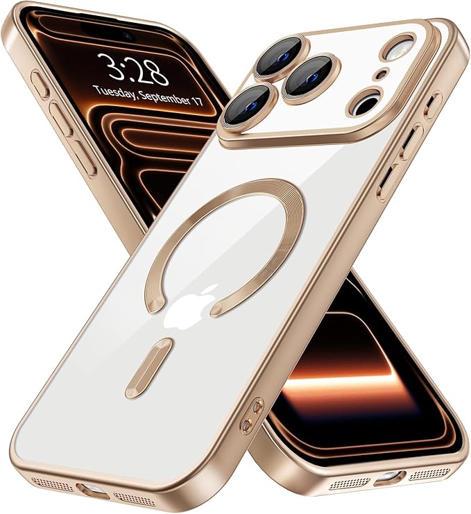 Hython Magnetic Clear for iPhone 17 Pro Max Case with Camera Lens Protector [Compatible with MagSafe] Plating Edge Slim Soft TPU Cover Protective Phone Case for 17 Pro Max 6.9", Matte Desert Brown