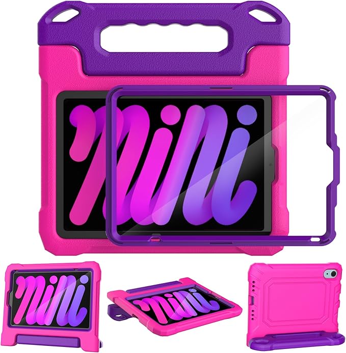 YIHE Kids Case for 8.3 inch iPad mini 7 (A17 Pro) 2024 & iPad mini 6 (A15) 2021, Shockproof Cases for iPad mini 7th/6th Generation with Built-in Screen Protector & Handle Stand, Pink&Purple