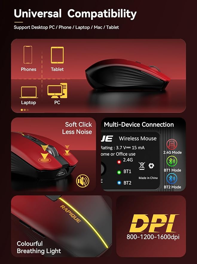 RAPIQUE Bluetooth Wireless Mouse - (BT1/BT2+USB) Tri-Mode High Performance, Rechargeable, Multi-Device Compatible with PC/Laptop/Computer/MacBook/iPad Air Pro (Red Gradient)
